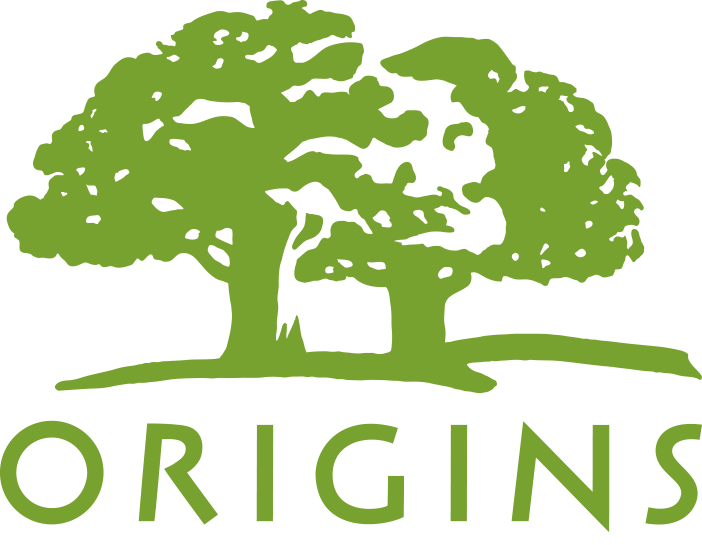 A logo featuring a stylized green tree with the word 'ORIGINS' in capital letters below it.
